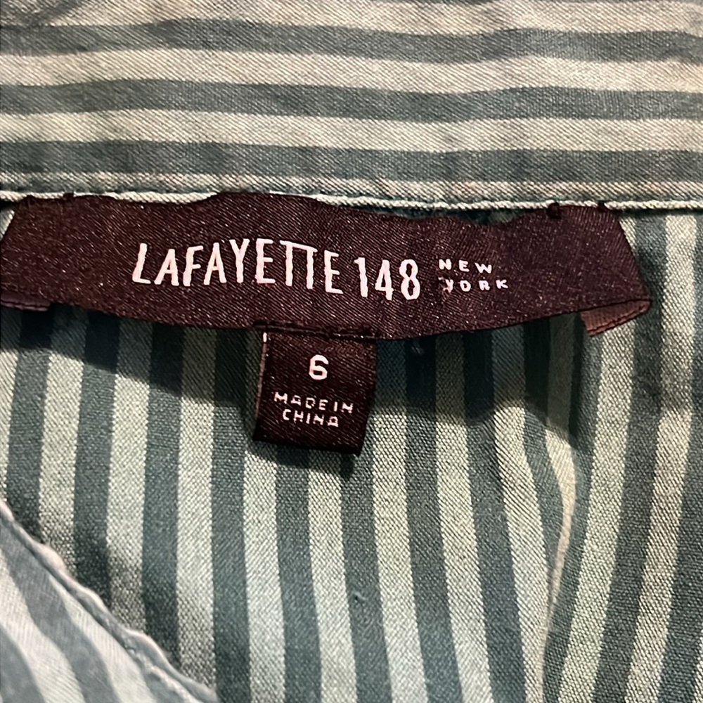 Lafayette 148 Women’s Green Stripe Hidden Button Up Long Sleeve Collar Shirt 6 - Picture 3 of 7